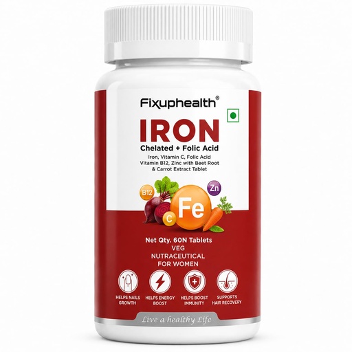 [BRSRY2YNAAMWEHIV] Fixuphealth Chelated Iron Supplement for Women | Folic Acid, Vitamin B12, Vitamin C, Zinc, Beetroot & Carrot Extract | High Absorption Iron Tablets for Women | (60 Tablets)