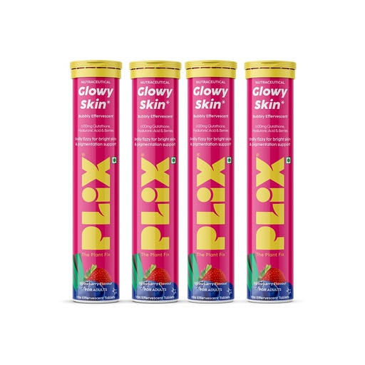 [BRSRYYDQAVYAYADK] The Plant Fix Plix Glutathione Effervescent Tablets for Clear, Glowing & Youthful Skin | 600mg Glutathione, Vit E & Hyaluronic Acid | No Maltodextrin, No Sugar | Strawberry (Pack of 4)
