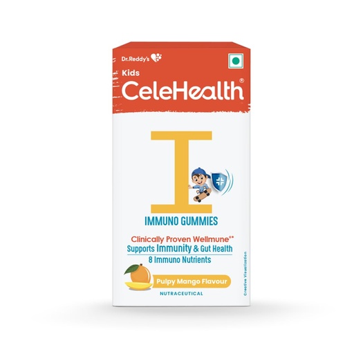 [BRSRO2T7OJ5R6CLO] Dr. Reddy's Kids CeleHealth I Immunity Gummies with clinically proven wellmune, Vitamin C & Zinc for Kids (4-12 Years) | Pulpy Mango Flavour | 30 Gummies - Pack of 1