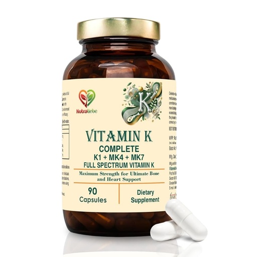 [BRSRAYAOOINQED3K] Vitamin K Complex - High Potency, Includes Vitamin K1 (Phytomenadione) & Vitamin K2 (MK-4, MK-7), Non-GMO, 90 Capsules