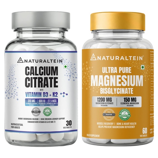 [BRSRGBQTA4GWADQ2] Naturaltein Calcium Citrate with Vitamin D3 & K2 MK7 30 Tablets + Naturaltein Magnesium Glycinate 1200mg 60 Tablets | Bone Strength, Muscle Relaxation, Sleep & Recovery Support Combo