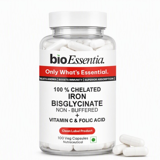 [BRSRYGD5OYFQGALL] BioEssentia Iron Bisglycinate 29 mg | 100% Chelated & Non-Buffered Iron | With Vitamin C & Folic Acid | Highly Bioavailable | 100% RDA | Clean Label | 100 Veg Capsules