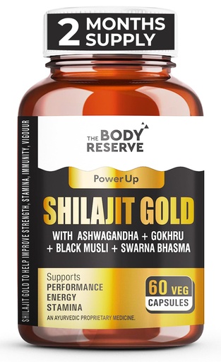 [BRSRGYIYOAHRMCY3] The Body Reserve Shilajit Gold Capsules For Men Himalayan Shilajeet With 24 Carat Gold, Gokshura, Ashwagandha, Kali Musli & Other Herbs For Stamina, Muscle Growth & Energy Ayurvedic 60 Veg Capsules