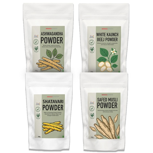 [BRSRGAYKAEDWAFLL] Ashwagandha Powder, Safed Musli Powder, White Kaunch Beej, Shatavari Combo pack | Pure & Natural | For Energy & Natural Immunity | 100gm x4 (100gm each)