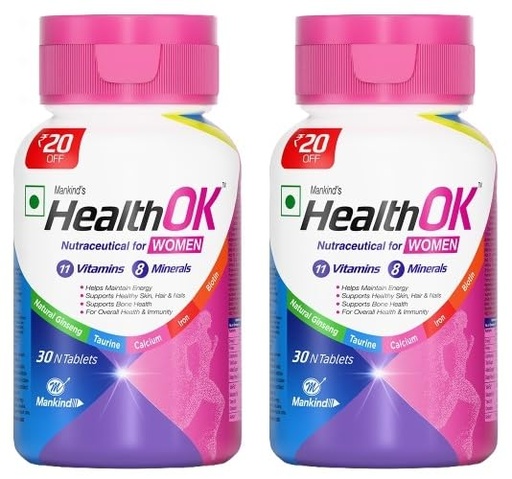 [BRSRGYA2CUOQMFLP] Health OK Women Multivitamin 30 Tablets – Strawberry Flavour, Pure Vegetarian, 19+ Essential Vitamins & Minerals with Biotin & Ginseng | Hair Skin Nails, Energy & Bone Health Support pack of 2