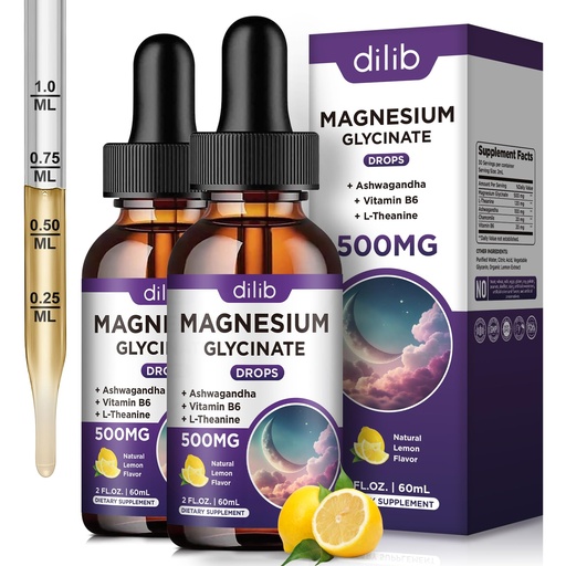 [BRSROZICCICQGF3P] Magnesium Glycinate Supplement, Magnesium Liquid Drops with Magnesium Glycinate 500mg Vitamin B6, Ashwagandha, L - Theanine, Chamomile -Support Stress Relief, Bone, Muscle, Mood Vegan (Pack of 2)