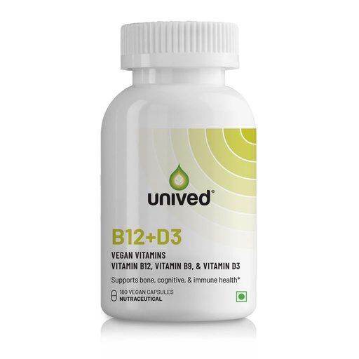[BRSW2HAQAAIA43DB] Unived B12+D3 | Methylcobalamin (98%), Methyltetrahydrofolate (5-MTHF), Vitamin D3 (Cholecalciferol) | Bone, Cognitive, Immune, & Cardiovascular Support | 180 Capsules