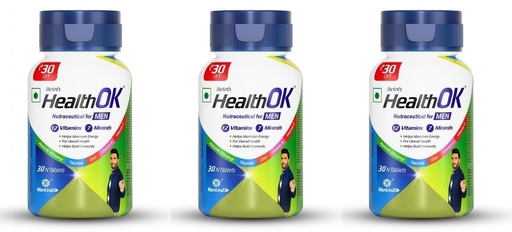 [BRSRYEITBMCA2DI4] Health OK by Mankind Multivitamin Tablets with Natural Ginseng & Taurine - Lemon Flavour, 100% Vegetarian (30 Tablets x Pack of 3)