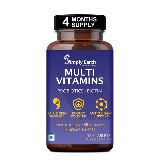 [BRSW2BALCVYGYGT5] Simply Earth Multivitamin For Men & Women (120 Tablets) With 7 Vital Blends and 36 Nutrients - Probiotics Vitamin C, Zinc & Biotin