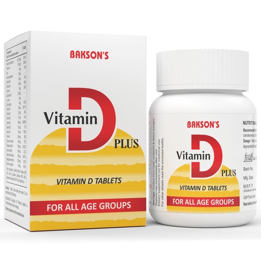 [BRSWYCACCMPBAFL2] Bakson's Vitamin D Plus, Promotes Calcium Absorption, Bone Health, Muscle Strength & Boosts Immunity | Comes With Vitamin A, B, C & E, | For All Age Group, 30 Tablets (Non Veg)