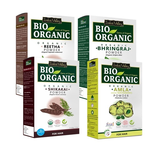 [BRSWGGI2OEDRMALO] INDUS VALLEY Organic Amla Powder Indian Gooseberry, Shikakai Powder Acacia concinna, Reetha Powder Sapindus mukorossi and Bhringraj Powder Eclipta alba for, Hair and Skin Care (100x4 = 400g) - Green