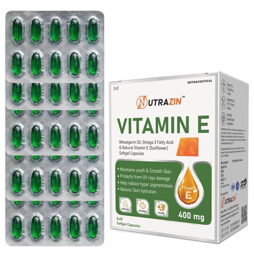 [BRSRGZA5DINGOYDJ] Vitamin E 400 mg Capsules with Wheatgerm Oil & Omega 3 | Vitamin E Capsules for Face and Hair | Antioxidant Support | 50 Softgels