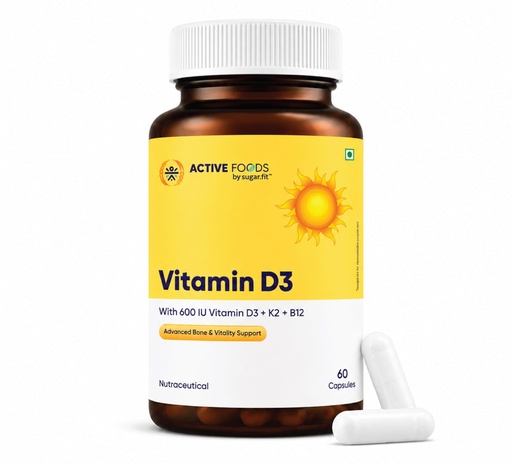 [BRSRGCABCJYR63TL] Sugar.fit Vitamin D3 K2 Supplement with Vitamin B12 | For Bone, Immunity, Energy & Calcium Utilisation Support | Daily Vitamin D Supplement, 100% RDA, 60 Veg Capsules