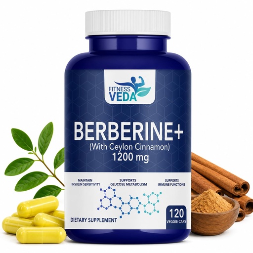 [BRSRA2YCOQFAI2QZ] FITNESS VEDA Berberine HCL 1200mg - 120 Capsules High Potency Herbal Supplement for Blood Sugar & Insulin Support | Supports Metabolic & Cardiovascular Health | Non-GMO, Vegan-Friendly - 120 Capsules