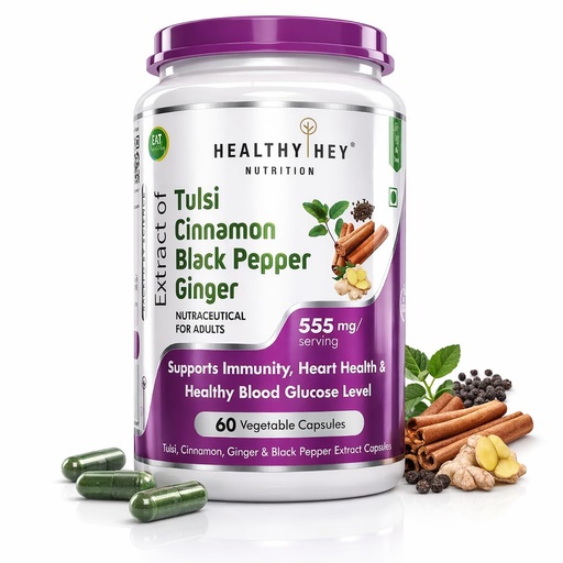 [BRSWYGQNA4NAOHTD] HealthyHey Nutrition Tulsi, Cinnamon, Black Pepper & Ginger Extract Formula for Immunity - 60 Veg Capsules