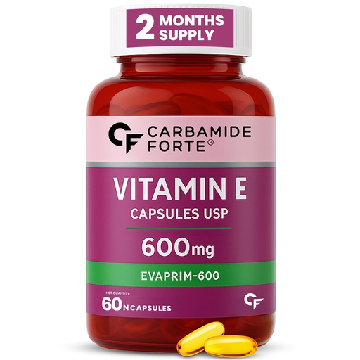 [BRSWGHYDAQPRME35] Carbamide Forte 600 mg Vitamin E Capsules for Face and Hair | 100% Natural Supplement with Vitamin E Oil | Paraben Free - 60 Capsules