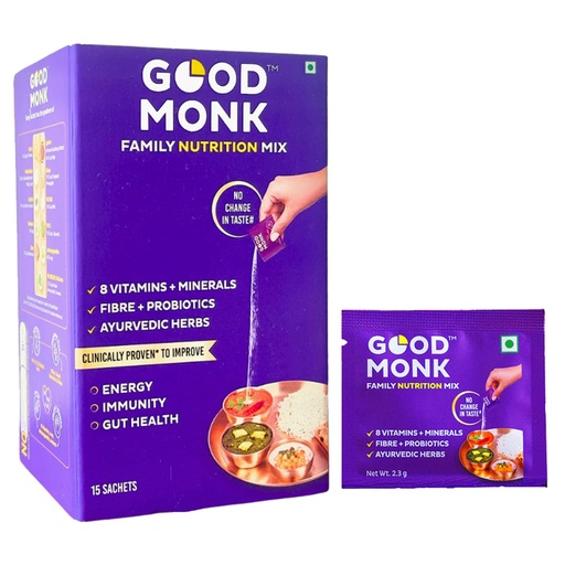 [BRSRMHYFCB5R4ET7] Good Monk Multivitamin,Probiotic&Fibre Mix(Add To Food,No Taste Change). Improves Energy,Immunity&Gut Health With Vitamin B12,C,D,Iron,Zinc,1.3 Bn Probiotics|For Kids,Men&Women-15 Sachets