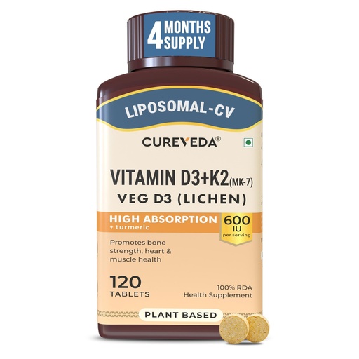 [BRSRGAI7CQIQAYL3] Cureveda Liposomal Vitamin D3 600 IU + Vitamin K2-7 & Turmeric, 120 Tablets