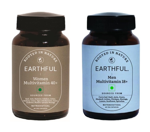 [BRSRY2YNDF6AIHLH] Earthful Plant-Based Multivitamin Combo for Men & Women 40+ | Daily Nutrition with B12, Iron, Calcium, D3 & Herbs | Bone, Energy & Immunity Support | 60 + 60 Vegetarian Capsules