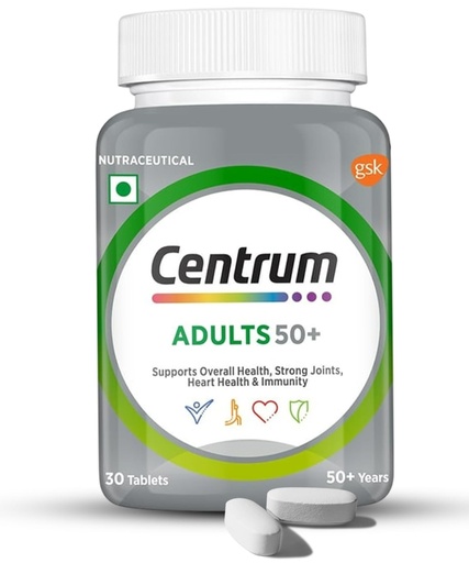 [BRSRMFTYCEBGMCI4] Centrum Adult 50+, World's No.1 Multivitamin with Calcium, Vitamin D3 & 21 other Nutrients for Overall Health, Strong Joints & Heart Health (Veg) 30 Tablets