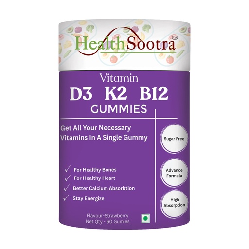 [BRSREAAPBEFAKCLZ] Vitamin D3 K2 B12 Gummies | 60 Gummies | Strawberry Flavour | Sugar Free Vitamin | Daily Wellness with Vitamin D, Vitamin K2 & Vitamin B12 supplements for Bone Health