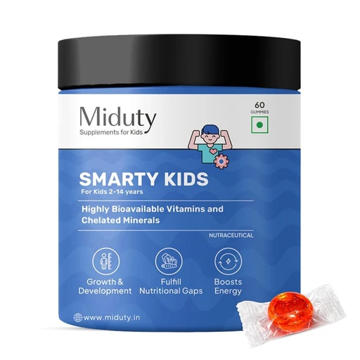 [BRSRAZQFOUMBA3YZ] Miduty Multivitamin Gummies- Smarty Kids | No Added Sugar | Natural Strawberry Flavour | Chelated Minerals, Iron & Vitamins - For Energy, Growth & Nutrient Support in Kids | 60 Gummies