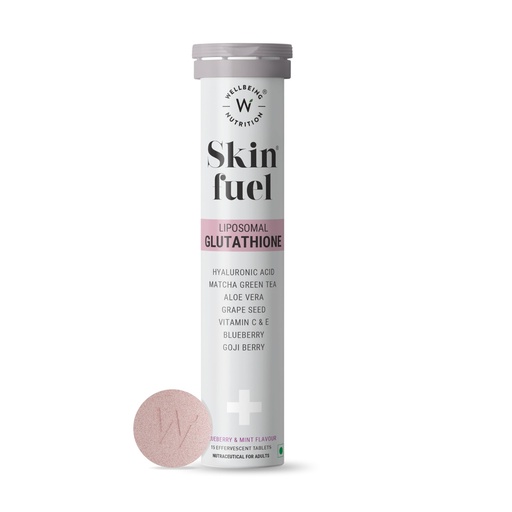 [BRSWYCQECUJRAEL3] Wellbeing Nutrition Skin Fuel Liposomal Glutathione 90% (600mg)|Hyaluronic Acid, Vitamin C & E | 4X Absorption |Skin Radiance, Anti-Pigmentation & Hydration | Blueberry Mint Flavour | 15 Veg Tablets