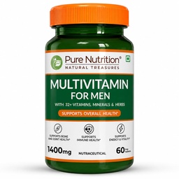 Pure Nutrition Multivitamin for Men 1400mg | Multivitamin Tablet for Men with 32+ Vitamins, Minerals & Herbs | Biotin, Ginseng, Moringa & Green Tea | Supports Immunity, Energy & Bone Health - 60 Veg Tablets