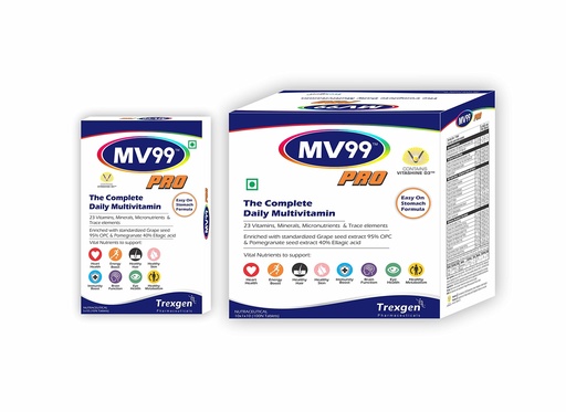 [BRSWYHYRCJ6A2CDF] Trexgen® MV99™-PRO The Complete Daily Multivitamin with A,D,E,K,B-Complex, C, Multiminerals Micronutrients & Trace elements with Grape Seed & Pomegranate extract (10x10 = 100 Tabs)