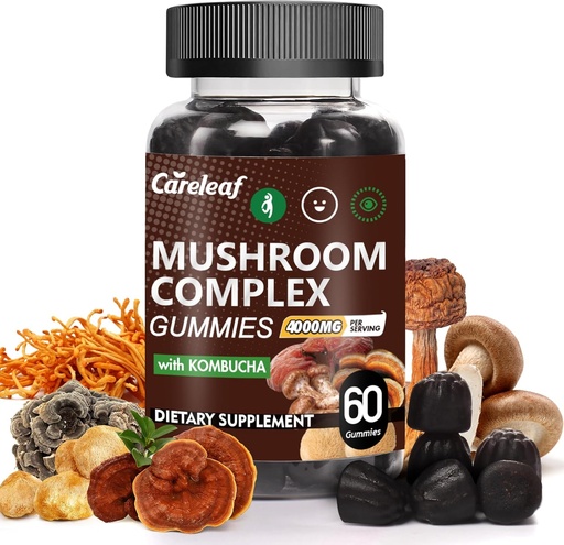 [BRSRAEIHOBYGAEQ4] 9 in 1 Mushroom Gummies with Lion's Mane for Focus Supplement and Energy Supplements to Support Immune System De-Stress Boost Mood & Energy 60 Count Kombucha Flavor