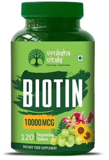 [BRSROELQDN6AAH3H] Vruksha Vitals Biotin 120 tablets - 10000 mcg per tablet - Biotin for Hair Growth, Nails and Skin - 10000mcg Plant based Capsules/Powder