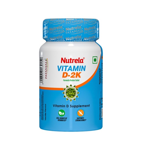 [BRSW2GT6ABYW2AI2] Nutrela Vitamin D-2K – 60 Chewable Tablets | Natural Vitamin D3 from Parmelia Perlata (Lichen) | Vanilla Flavour | Pack of 1