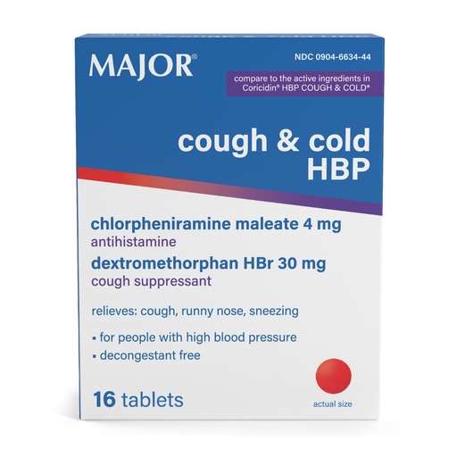 [BRSWYHYLA5YRGAA4] Major Cough and Cold HBP Tablets - Antihistamine and Cough Suppressant for People with High Blood Pressure - Dextromethorphan HBr, Chlorpheniramine Maleate - 16 Count (1 Pack)