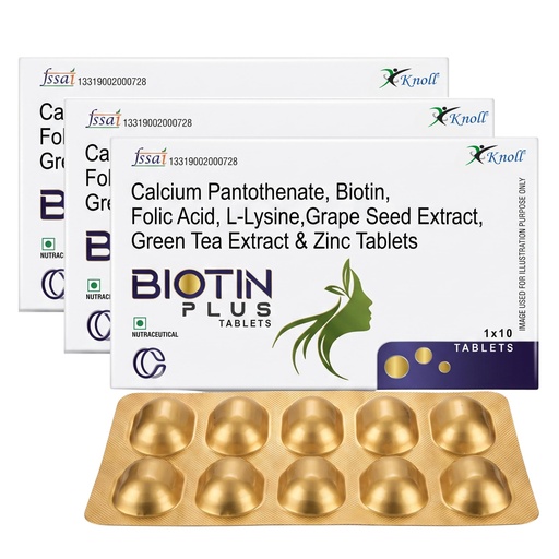 [BRSRGAYLC4CAYHT6] Knoll Healthcare Biotin Plus Tablets with Grape Seed Extract, Green Tea Extract, Zinc & L-Lysine | Supports Hair, Skin & Nail Health | Antioxidant & Nutritional Supplement (3x10 Capsules)