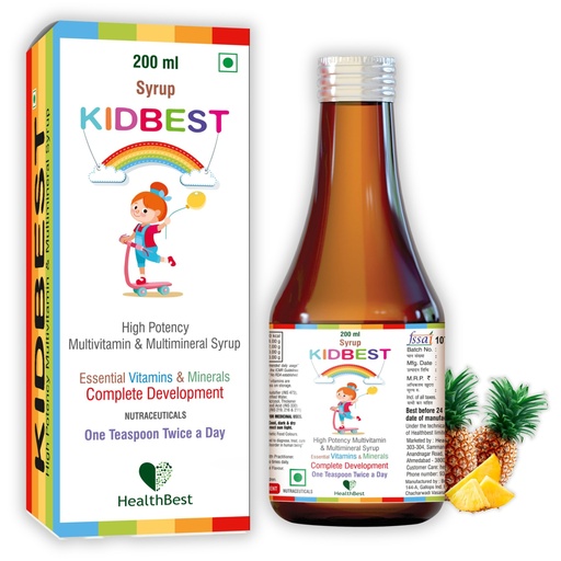 [BRSRAZAHAAIQ2CTG] Healthbest Multivitamin Syrup For Kids - 200ml, 11 Essential Minerals, Supports Brain Development, Growth, Immunity, Boosts Energy, Vitamins A B C D E