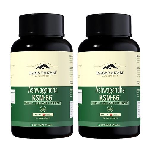 [BRSW22T2CAHBOH3F] Rasayanam Ashwagandha KSM-66® | Clinically Proven 600mg Dosage | 5.1% Withanolides for Max Results | 100% Pure Root Extract | Stress Relief, Energy & Recovery Support | World’s Strongest Ashwagandha | Pack of 2 ( 60 Capsules each )