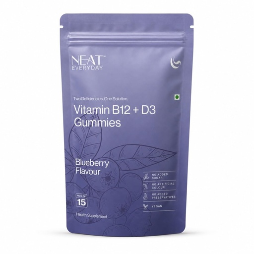 [BRSRYZQ5CVYB6ETK] NEAT EVERYDAY Vitamin B12 + D3 Gummies | Blueberry Flavour | No Added Sugar | Vegan Gummies | No Artificial Colour & Preservatives | Health Supplement | Pack of 15