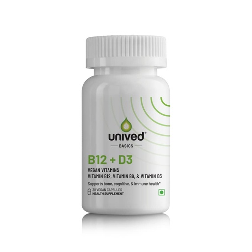 [BRSWGZQTBAIQECL2] Unived Basics B12+D3 | Vitamin B12 as Methylcobalamin (98%), 300mcg Methyltetrahydrofolate (5-MTHF), 600 I.U. Vitamin D3 (Cholecalciferol) | Bone, Cognitive & Cardiovascular Support|30 Vegan Capsules