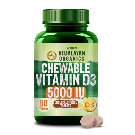 [BRSRGFAHBAIA42Q4] Vlado's Himalayan Organics Vitamin D3 5000IU - Chewable Vitamin D Tablets | Cholecalciferol Vitamin D3 Supplement for Bone & Immunity | For Men And Women | Orange Flavour - 60 Tablets