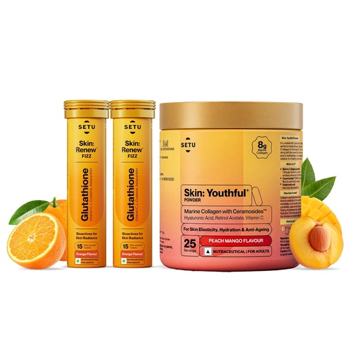 [BRSRMCYTBUPQGYI2] Setu Skin Renew Glutathione Fizz 30 Tablets for Skin Glow & Brightness with Skin Youthful Marine Collagen Powder (Peach Mango,250 g) | Fight Fine Lines & Wrinkles | Powered by Master Antioxidant Glutathione | Promotes Radiant Skin | Skin Supplements for Women & Men (Combo Pack)