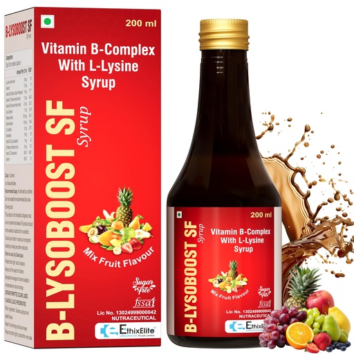 [BRSRYZYCDN4BYHIZ] B-LYSOBOOST SF Syrup 200 ml | Vitamin B-Complex with L-Lysine | Zinc, Selenium, Vitamin A, D3 & E | Supports Appetite, Energy & Nutritional Health | Sugar Free Mix Fruit Flavour Syrup
