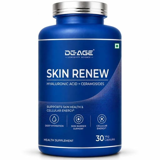 [BRSRYZYDOQJQYADA] DeAge Skin Renew with Hyaluronic Acid & Ceramosides | Veg Skin Supplement for Hydration, Radiance & Elasticity | Supports Skin Health & Longevity | 30 Veg Capsules