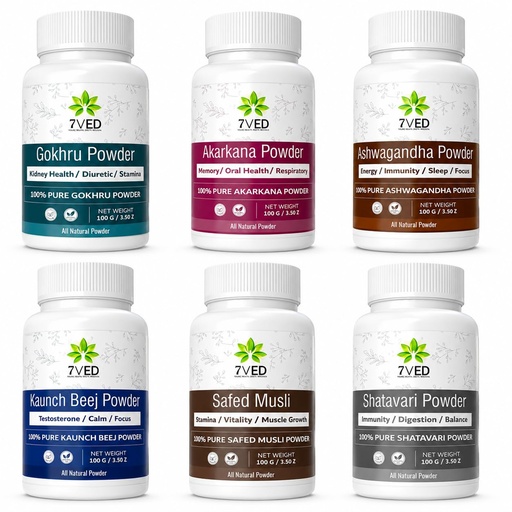 [BRSRE2QDPIIAMGT2] Herbal Combo Pack with Ashwagandha, Shatavari, Safed Musli, Kaunch Beej, Gokhru & Akarkara Powder – 6 x 100g Pure Ayurvedic Herbal Powder for Daily Wellness, Strength, Stamina & Vitality Support