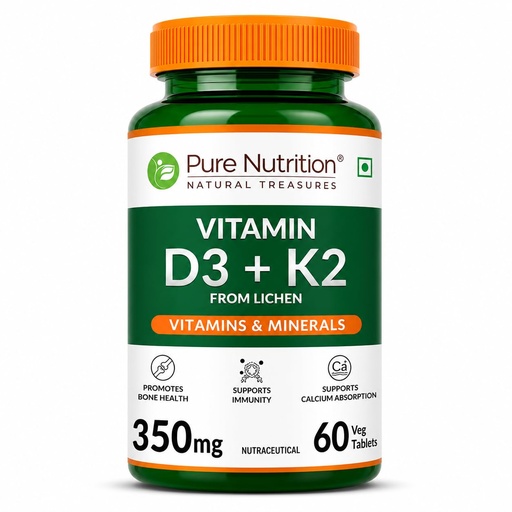 [BRSW2CDQBEIB6CY7] Pure Nutrition Vitamin D3 K2 (60 Tablets) | Vitamin D Supplement with Mk7 For Strong Bones, Immunity, Joint & Heart Health | Vitamin d3 from Lichen | Vitamin D tablets