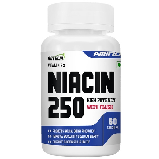 [BRSWGAIDAEIWO336] NutriJa Niacin 250 Vitamin B3 (Nicotinic Acid) with Flush | for Vascularity & Increase Cellular Energy- 60 Capsules