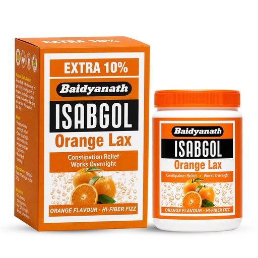 [BRSRAAIZCUNGM2DA] Baidyanath Isabgol Psyllium Husk Orange Lax Powder| Tasty Natural Fibre Laxative for Constipation Relief & Digestion | Effervescent, Gluten - 110 g