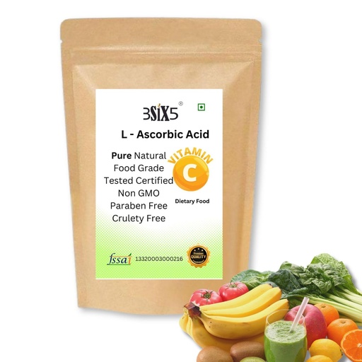 [BRSROAACCQNGMADO] 3SIX5 Vitamin C Powder for Drinking | Pure Ascorbic Acid Supplement | Immunity Booster & Antioxidant Support | Easy Mix Daily Drink - Youthful glow For Face, Skin & Body (100gm)