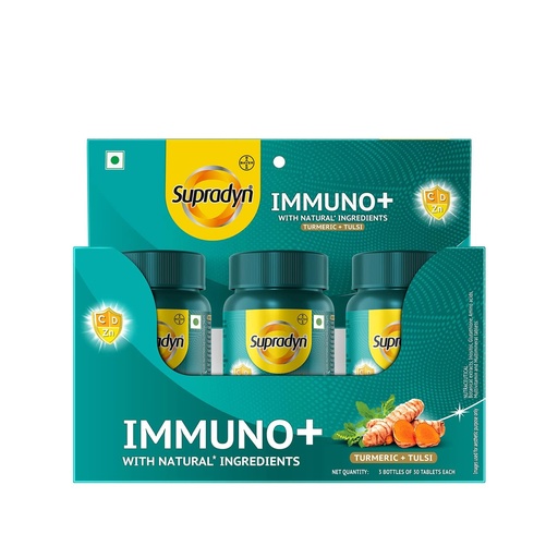 [BRSRMBIZDIDRYYDF] Supradyn Immuno +, Multivitamin, Natural immunity booster with Vit C, Vit D, Zinc, Unique blend of Tulsi, Turmeric, Shatavari & Ashoka (90 Tabs)