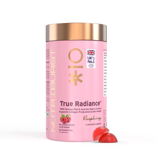 [BRSROAATDEIWC2YU] Nutriburst True Radiance Collagen Gummies | Raspberry Flavour with Orange Peel & Acerola Cherry Extract | Supports Collagen Production and Skin Health | No Added Sugar | Enhances Skin Elasticity and Glow | For Men and Women | 60 Gummies