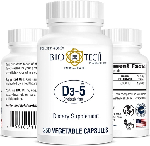 [BRSWIYIECEDR6C36] Bio-Tech Pharmacal D3-5 (5000 IU), 250 Vegetable Capsules – All-Natural Supplement – Supports Bone & Immune Health – No Dairy, Fish, Gluten, Peanut, Shellfish, & Soy